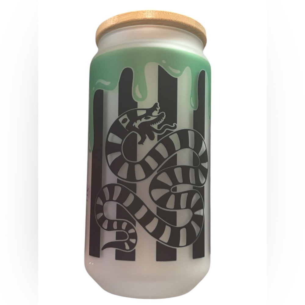 Beetlejuice Handcrafted 16 Oz Glass Can Tumbler with Straw and Bamboo Lid